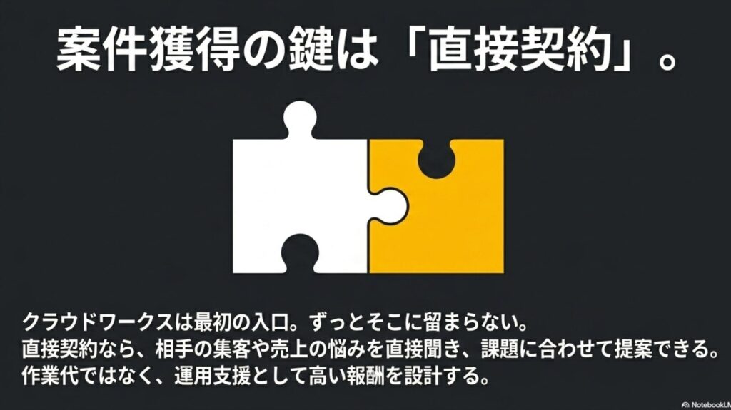 フリーランスで月100万を達成する現実ロードマップ : 案件獲得の鍵は直接契約であることを示すパズルのピースの図解