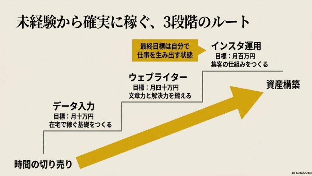 フリーランスに向いてる人と向かない人を実体験でわかりやすく診断 : データ入力、ウェブライター、インスタ運用へと段階を踏んで時間の切り売りから資産構築へシフトし、目標月収を上げていく3ステップの図解 。
