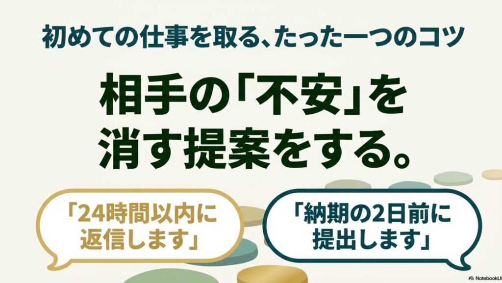 フリーランスになるには何から始める？未経験から在宅で稼ぐ方法 : 初めての仕事を取る、たった一つのコツ 。相手の「不安」を消す提案をする ために、「24時間以内に返信します」 や「納期の2日前に提出します」  といった具体的なアクションを提示すること。