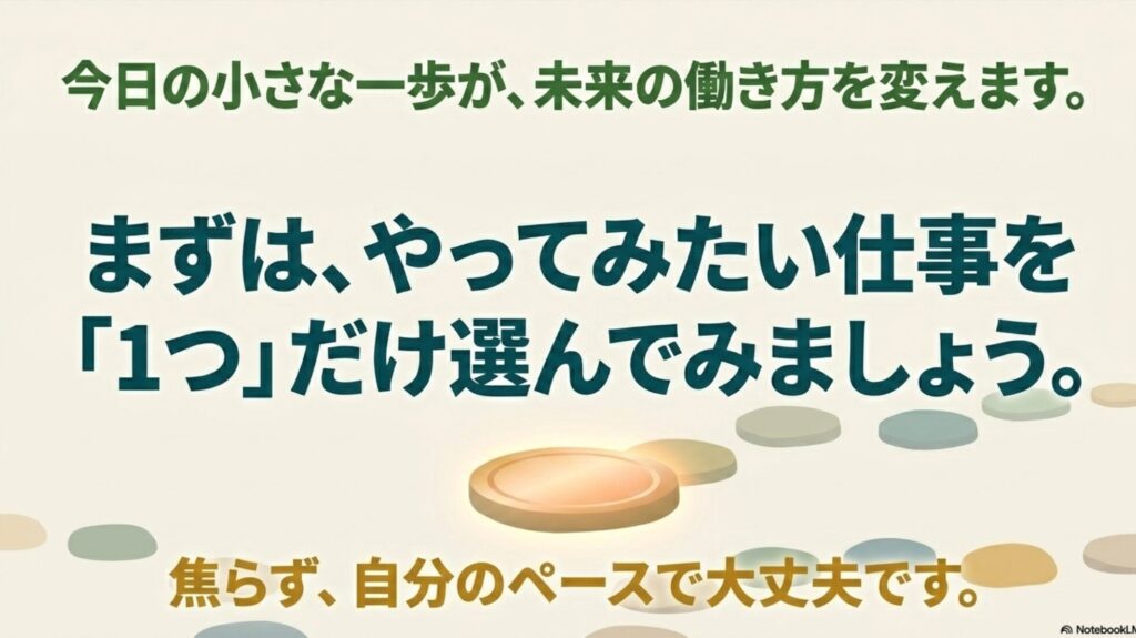 フリーランスになるには何から始める？未経験から在宅で稼ぐ方法 :今日の小さな一歩が、未来の働き方を変えます 。焦らず自分のペースで 、まずはやってみたい仕事を1つだけ選んでみましょう  という読者の背中を押すメッセージ画像。