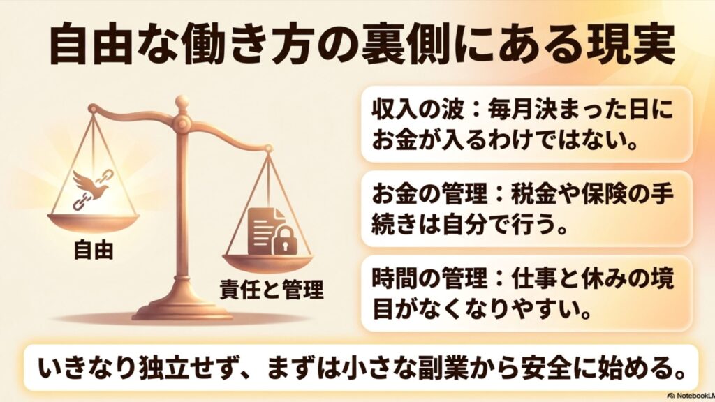 在宅フリーランス向け職種は？未経験から選ぶ実践ガイド決定版入門 : 自由な働き方の裏側にある現実として、自由と責任・管理（収入の波、お金・時間の管理）のバランスを示す図解