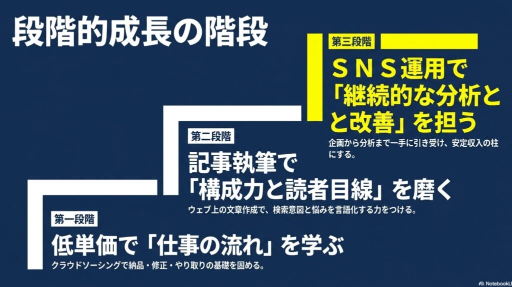 フリーランスの案件が決まらない原因と対策│未経験向け完全ガイド : クラウドソーシングから記事執筆、SNS運用へと段階的に成長し安定収入の柱にする手順図