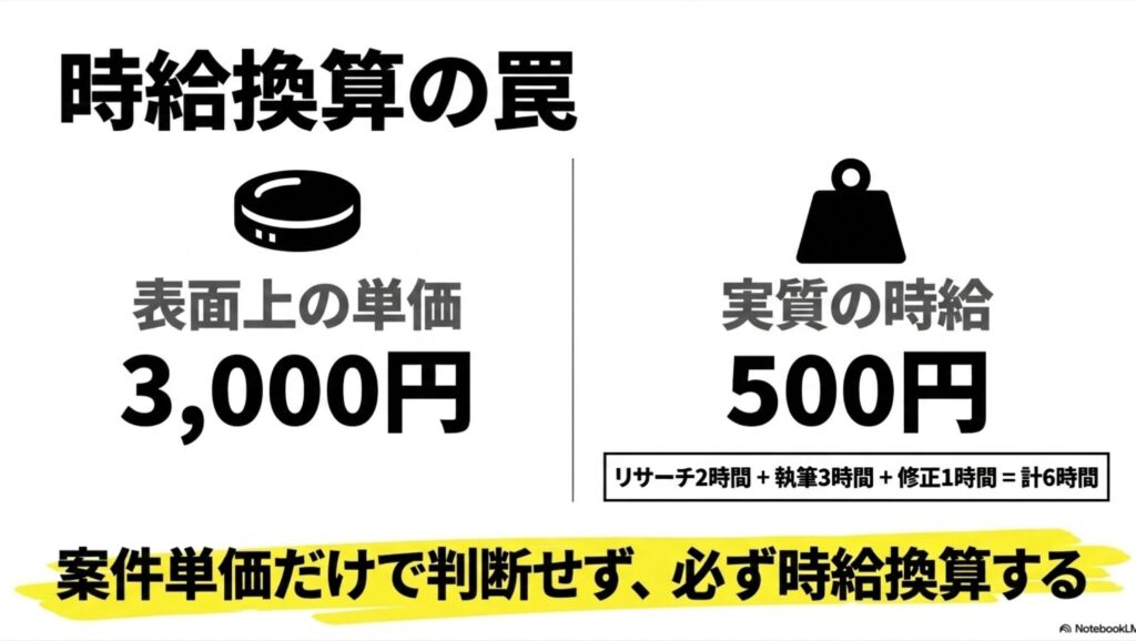 フリーランスのポートフォリオとは?作り方と無料サイト完全ガイド : 案件単価だけでなく、リサーチや修正を含めた実質の時給換算で判断することの重要性を解説する図