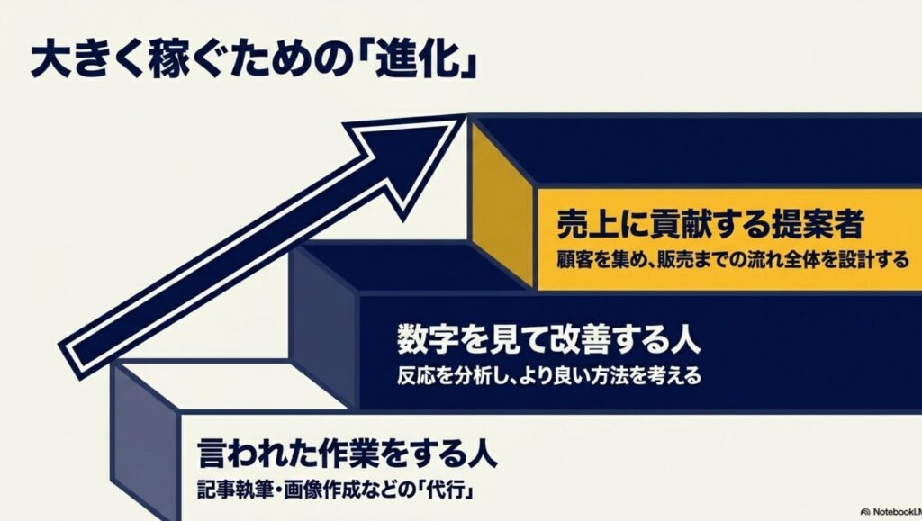 フリーランスの休み方と稼働時間を整える現実的な方法を実体験で解説 : 言われた作業をする人から、数字を見て改善する人、売上に貢献する提案者へと進化することで大きく稼ぐステップを図解 。