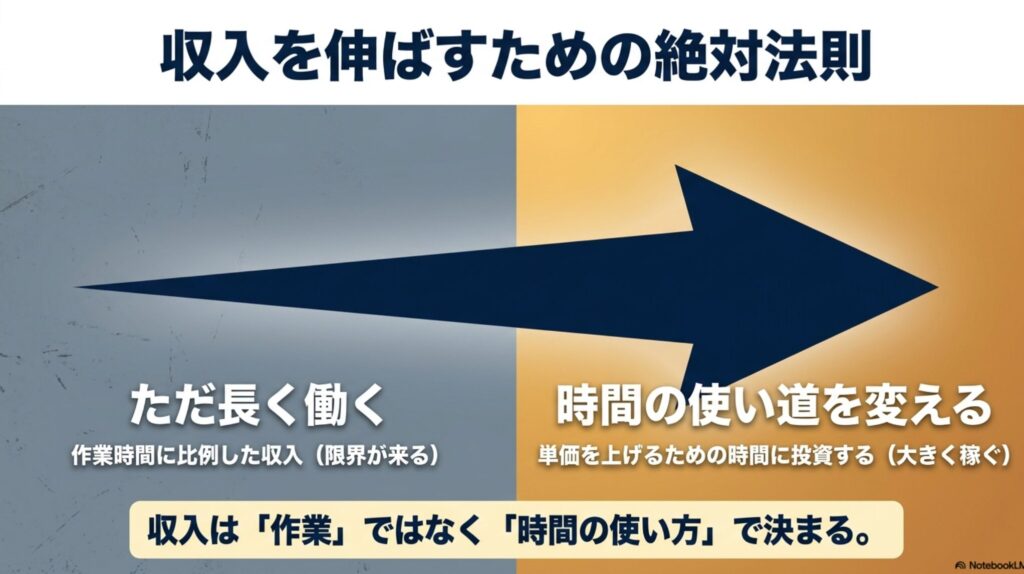 フリーランスの休み方と稼働時間を整える現実的な方法を実体験で解説 : 収入は作業量ではなく時間の使い方で決まることを解説した図 。単価を上げるための時間に投資し 、ただ長く働く限界を超える方法 。
