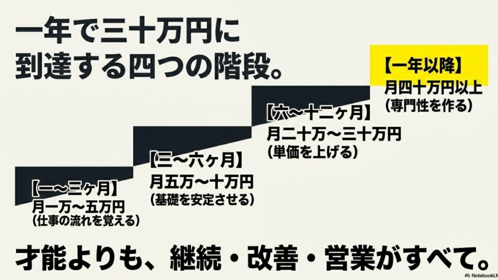 【実体験】フリーランスで月30万稼ぐ現実と始め方の完全ガイド : 未経験フリーランスが1年で月収30万円に到達するまでの4つの成長ステップと期間目安