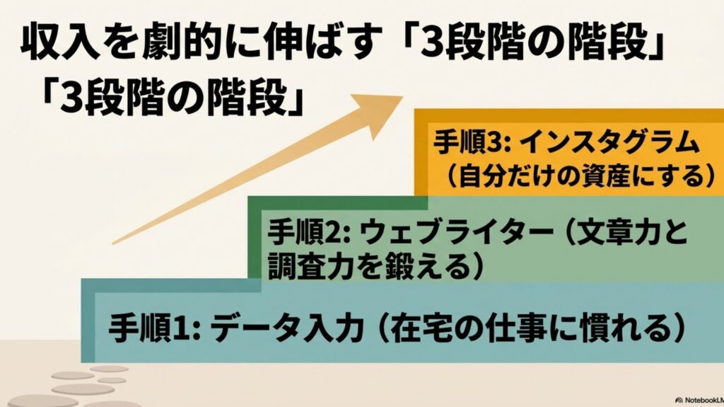 フリーランスになるには何から始める？未経験から在宅で稼ぐ方法 : 収入を劇的に伸ばす「3段階の階段」 。手順1:データ入力で在宅の仕事に慣れる 、手順2:ウェブライターで文章力と調査力を鍛える 、手順3:インスタグラムで自分だけの資産にする  というステップアップの図解。