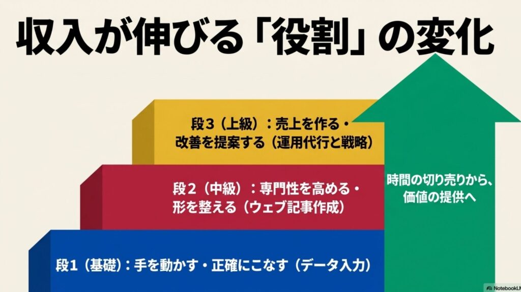 フリーランスの1日のスケジュール実例と収入アップ術 : 収入が伸びる役割の変化。データ入力の基礎からウェブ記事作成の中級、運用代行と戦略の上級へ