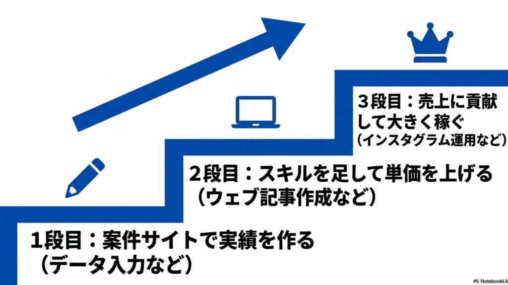 フリーランスの仕事の取り方完全ガイド│初心者が在宅で稼ぐ手順 : 1段目は案件サイトで実績を作る、2段目はスキルを足して単価を上げる、3段目は売上に貢献して大きく稼ぐ 。