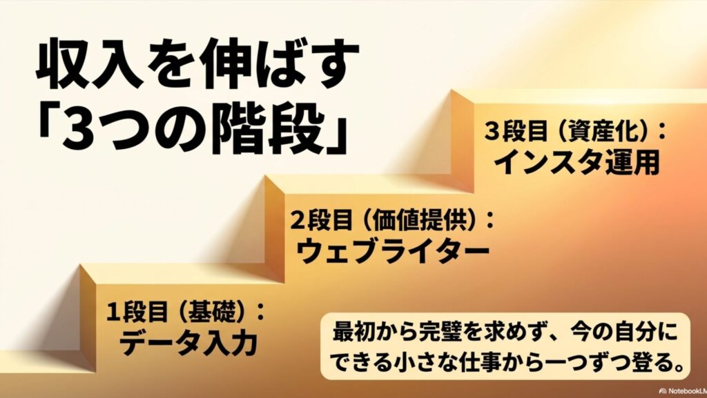 在宅フリーランス向け職種は？未経験から選ぶ実践ガイド決定版入門 : データ入力、ウェブライター、インスタ運用へと段階的に収入を伸ばす3つの階段の概要