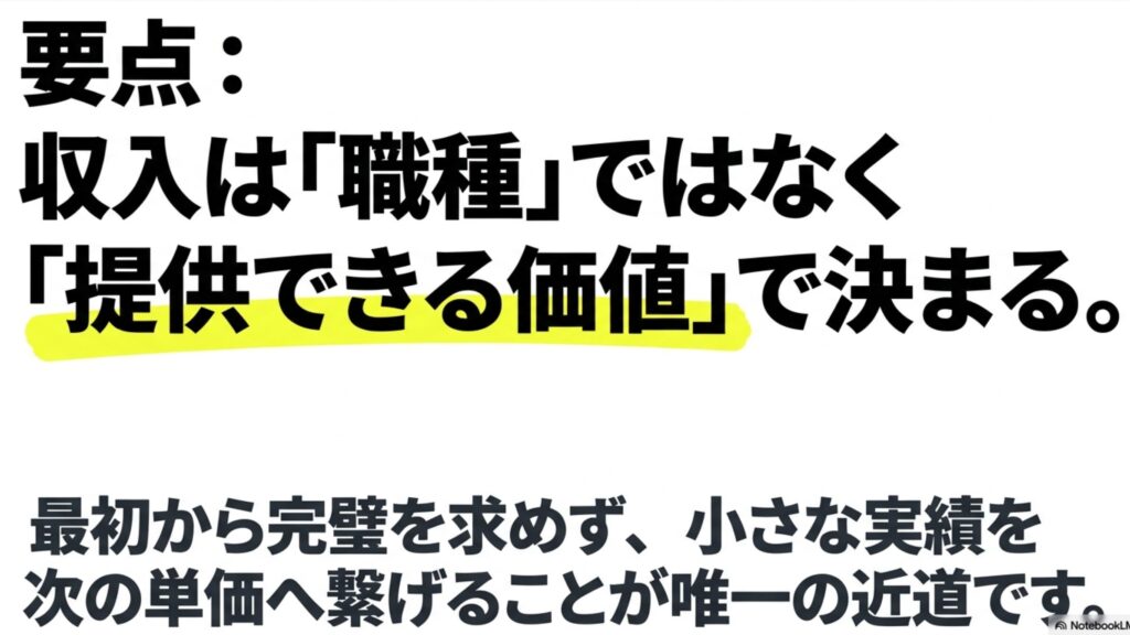 ノマドワーカーの年収と収入の現実を体験談で徹底解説します : 収入は職種ではなく提供できる価値で決まるという要点 。最初から完璧を求めず、小さな実績を次の単価へ繋げることが収入アップの近道であるという解説図 。