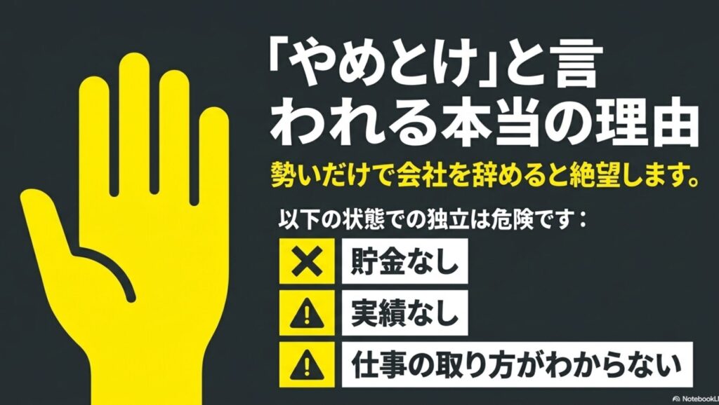 【絶望】20代後半でフリーランスを始めた現実を実体験で解説 : 貯金なし、実績なし、仕事の取り方がわからない状態での独立は危険であることを示すスライド