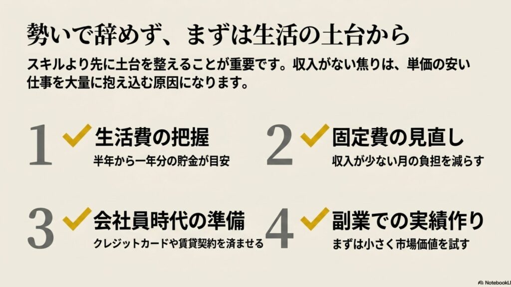 フリーランスに向いてる人と向かない人を実体験でわかりやすく診断 : 独立前に準備すべき生活費の把握、固定費の見直し、会社員時代の準備、副業での実績作りという4つの土台ステップ 。