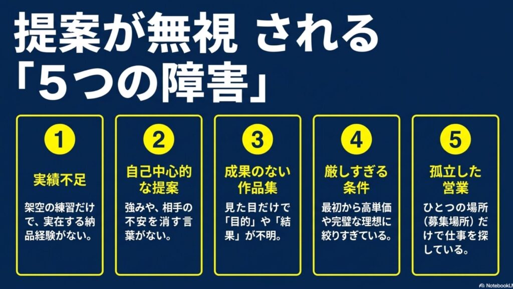 フリーランスの案件が決まらない原因と対策│未経験向け完全ガイド : 実績不足や厳しすぎる条件など、提案が無視される5つの原因をまとめた図解