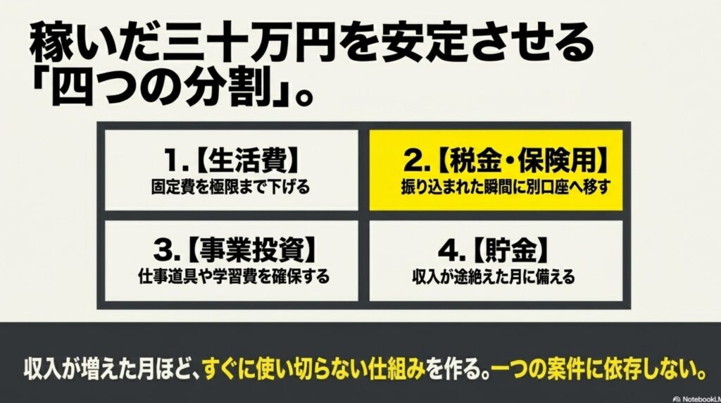 【実体験】フリーランスで月30万稼ぐ現実と始め方の完全ガイド : 稼いだ月30万円を生活費、税金・保険用、事業投資、貯金の4つに分割して安定させる資金管理術