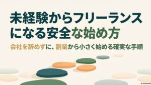 フリーランスになるには何から始める？未経験から在宅で稼ぐ方法 : 未経験からフリーランスになる安全な始め方 。会社を辞めずに、副業から小さく始める確実な手順 を解説するスライドの表紙画像。