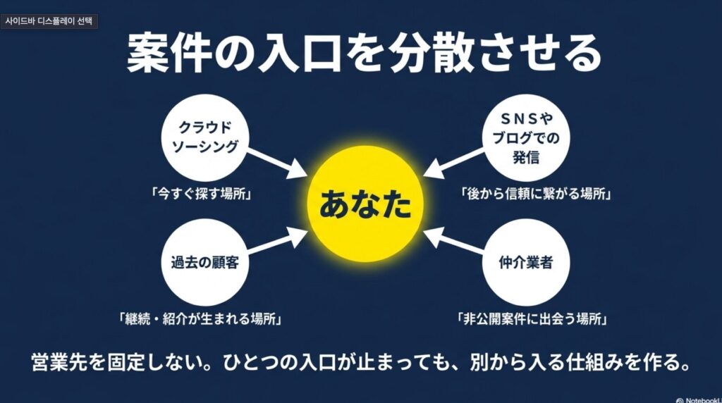 フリーランスの案件が決まらない原因と対策│未経験向け完全ガイド : クラウドソーシングやSNS発信、過去の顧客など、案件の入口を複数持つ重要性を表した図解