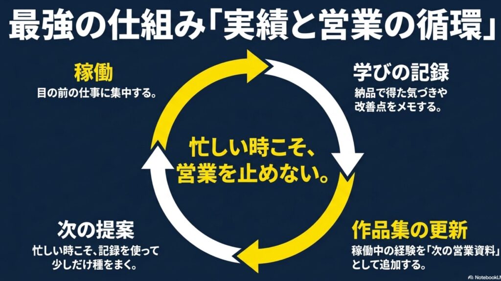 フリーランスの案件が決まらない原因と対策│未経験向け完全ガイド : 稼働中の学びや作品集の更新が次の提案につながり、忙しい時こそ営業を止めない循環サイクル図