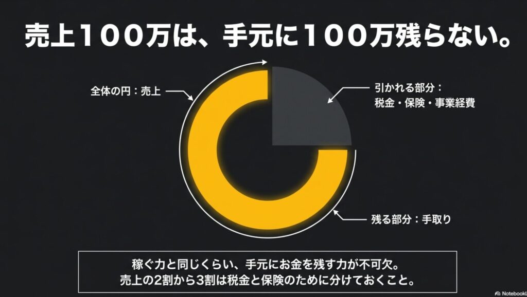 フリーランスで月100万を達成する現実ロードマップ : フリーランスの売上100万円は手元に100万残らないことを示す、税金・保険・経費が引かれる割合の円グラフ