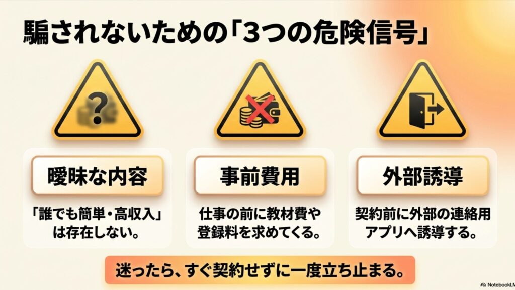 在宅フリーランス向け職種は？未経験から選ぶ実践ガイド決定版入門 : 在宅ワークで騙されないための3つの危険信号である、曖昧な内容、事前費用、外部誘導の解説