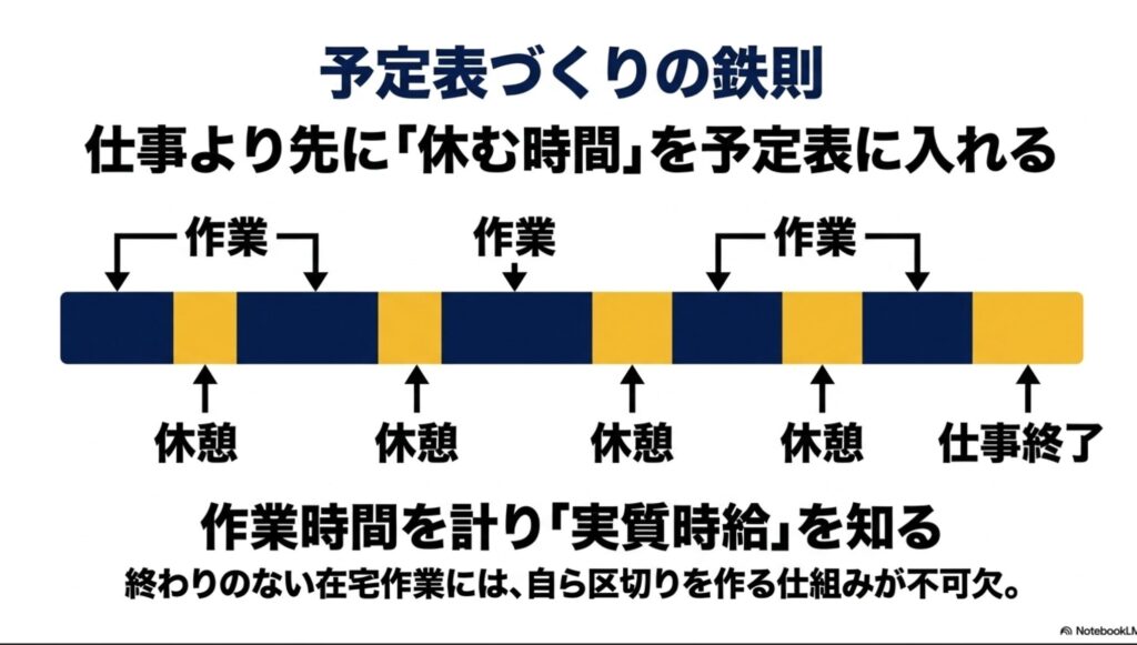フリーランスの休み方と稼働時間を整える現実的な方法を実体験で解説 : 終わりのない在宅作業に区切りを作る仕組み 。仕事より先に休む時間を予定表に入れ 、作業時間を計って実質時給を知るためのタイムスケジュール例 。