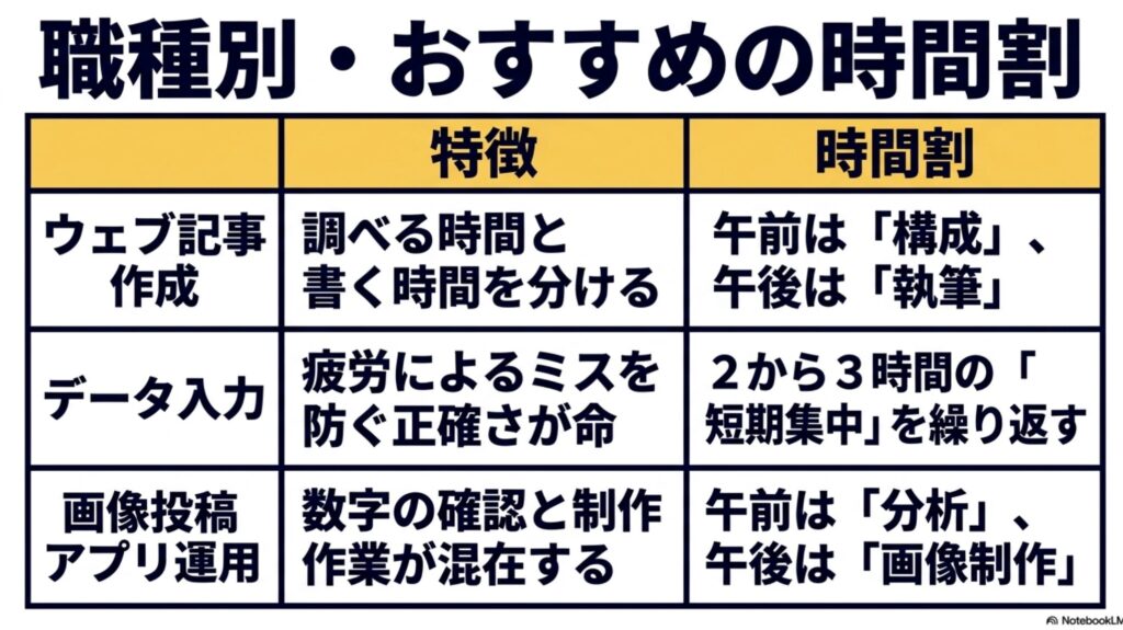 フリーランスの休み方と稼働時間を整える現実的な方法を実体験で解説 : ウェブ記事作成、データ入力、画像投稿・アプリ運用など、フリーランスの職種別の特徴とおすすめの時間割をまとめた表 。