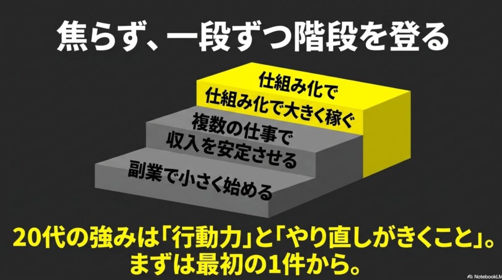【絶望】20代後半でフリーランスを始めた現実を実体験で解説 : 副業で小さく始め、複数の仕事で収入を安定させ、仕組み化で大きく稼ぐという3つの階段を登るイラスト