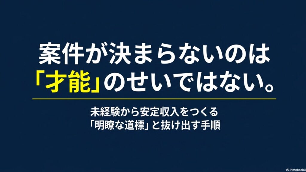 フリーランスの案件が決まらない原因と対策│未経験向け完全ガイド : 案件が決まらないのは才能のせいではないことと、未経験から抜け出す手順を示す表紙スライド
