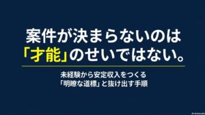 フリーランスの案件が決まらない原因と対策│未経験向け完全ガイド : 案件が決まらないのは才能のせいではないことと、未経験から抜け出す手順を示す表紙スライド