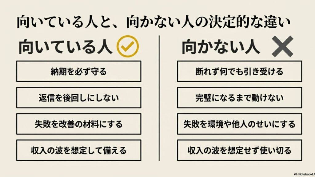 フリーランスに向いてる人と向かない人を実体験でわかりやすく診断 : 納期を守る、失敗を改善するなどの向いている人の特徴と、断れず引き受ける、完璧主義などの向かない人の特徴をまとめた比較表 。