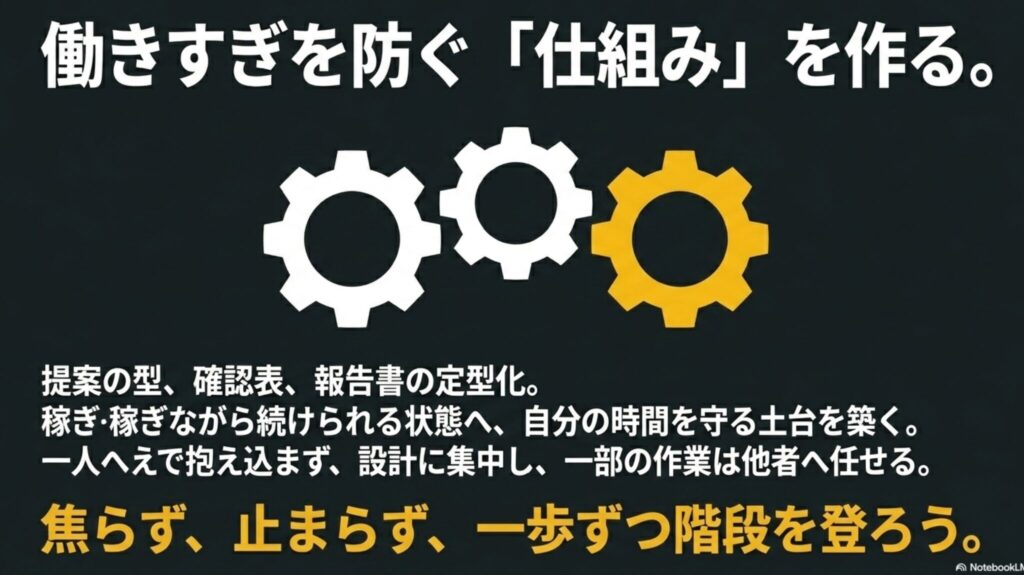 フリーランスで月100万を達成する現実ロードマップ : 働きすぎを防ぐ仕組み化を示す歯車の図解