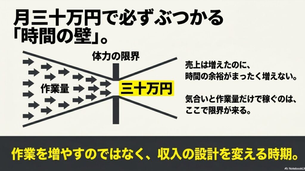 【実体験】フリーランスで月30万稼ぐ現実と始め方の完全ガイド : 月30万円の売上でぶつかる体力の限界と時間の壁。気合いと作業量だけで稼ぐ限界を示す図解