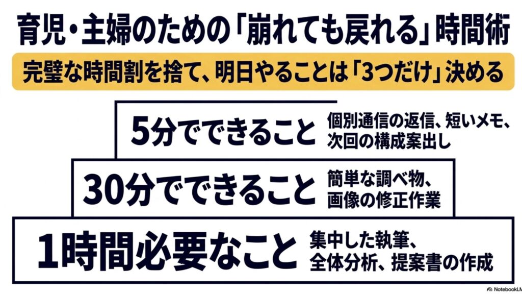 フリーランスの休み方と稼働時間を整える現実的な方法を実体験で解説 : 育児中の主婦フリーランス向けの時間術 。完璧な時間割を捨て、5分、30分、1時間でできることを3つだけ決めるタスク管理法 。