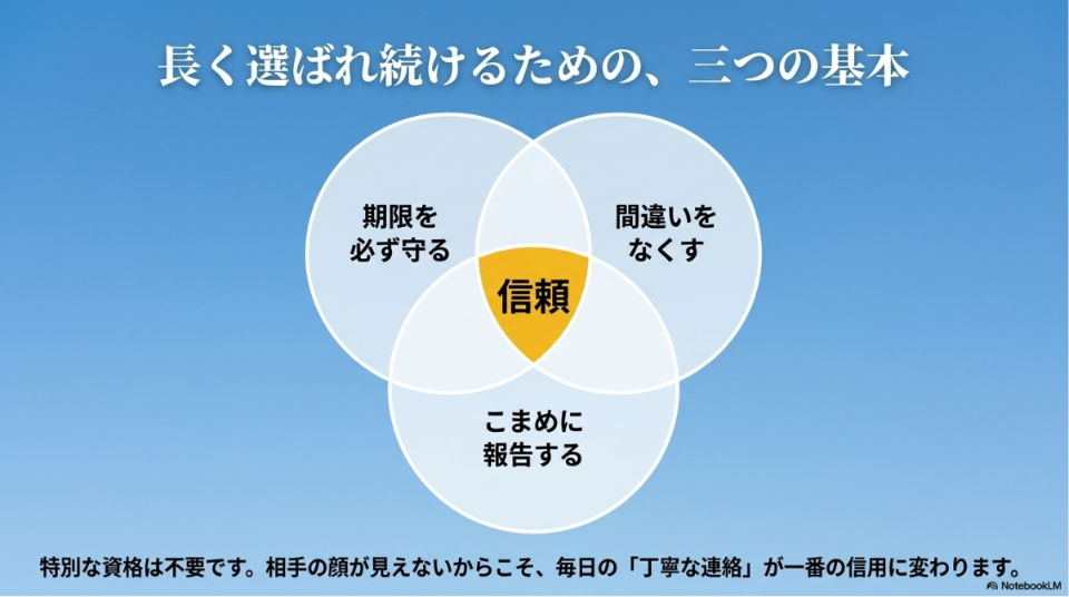 データ入力の仕事はなくなる?将来性:特別な資格よりも、納期遵守やこまめな報告、ミスの削減といった毎日の丁寧なやり取りが信用に変わることを示した図