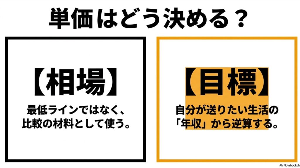 フリーランスの値上げ交渉例文と単価相場の決め方完全ガイド : 単価の決め方として、相場は比較材料に、目標はほしい生活の年収から逆算するという図解
