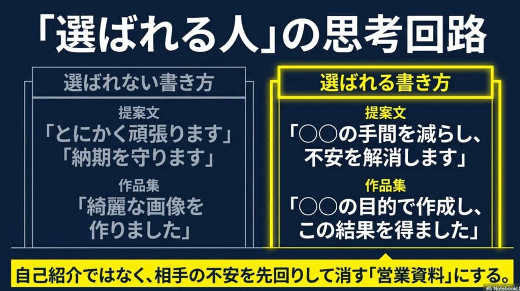 フリーランスの案件が決まらない原因と対策│未経験向け完全ガイド : 自己紹介ではなく、相手の不安を消す営業資料としての提案文の作り方を比較した図解