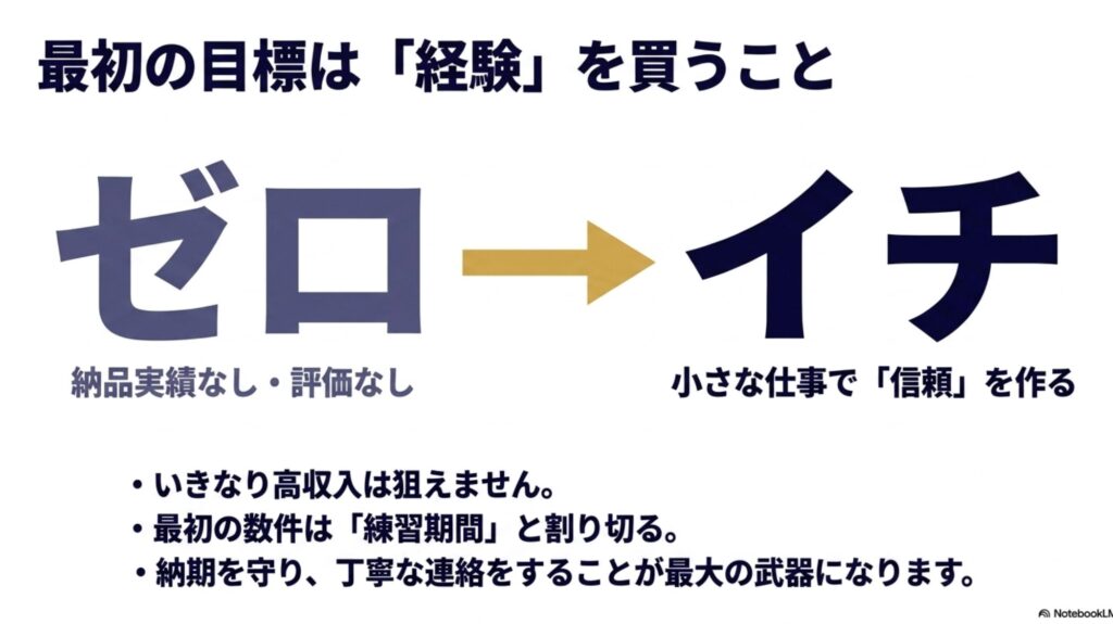在宅ワークの始め方と初心者向けの探し方を実体験で解説 : 最初の目標は経験を買うこと。納品実績や評価がない「ゼロ」の状態から、小さな仕事で信頼を作る「イチ」の状態へ進むことを示す図。