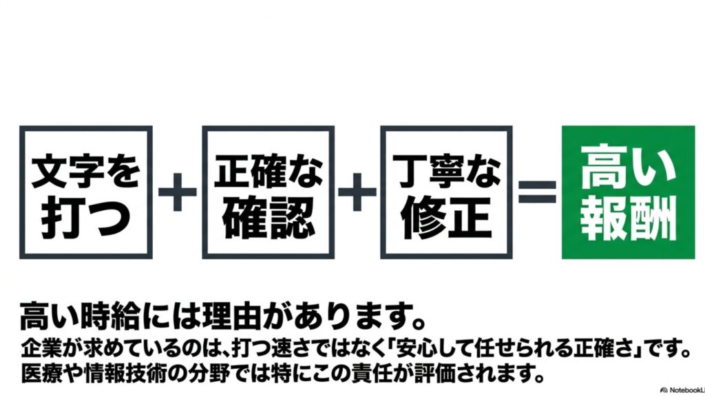 データ入力の時給が高いのはなぜ?給料の現実と稼ぎ方を解説 : 高い時給には理由があります。文字を打つだけでなく、正確な確認と丁寧な修正が高い報酬につながります。企業が求めているのは、打つ速さではなく安心して任せられる正確さです。