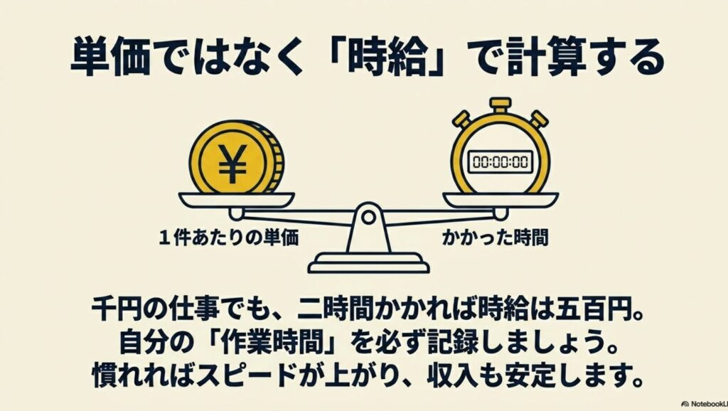 【iPadで副業】データ入力の完全在宅ガイドと失敗しない選び方 : 1件あたりの単価とかかった時間を天秤にかけ、単価ではなく時給で計算することの重要性を示すスライド画像