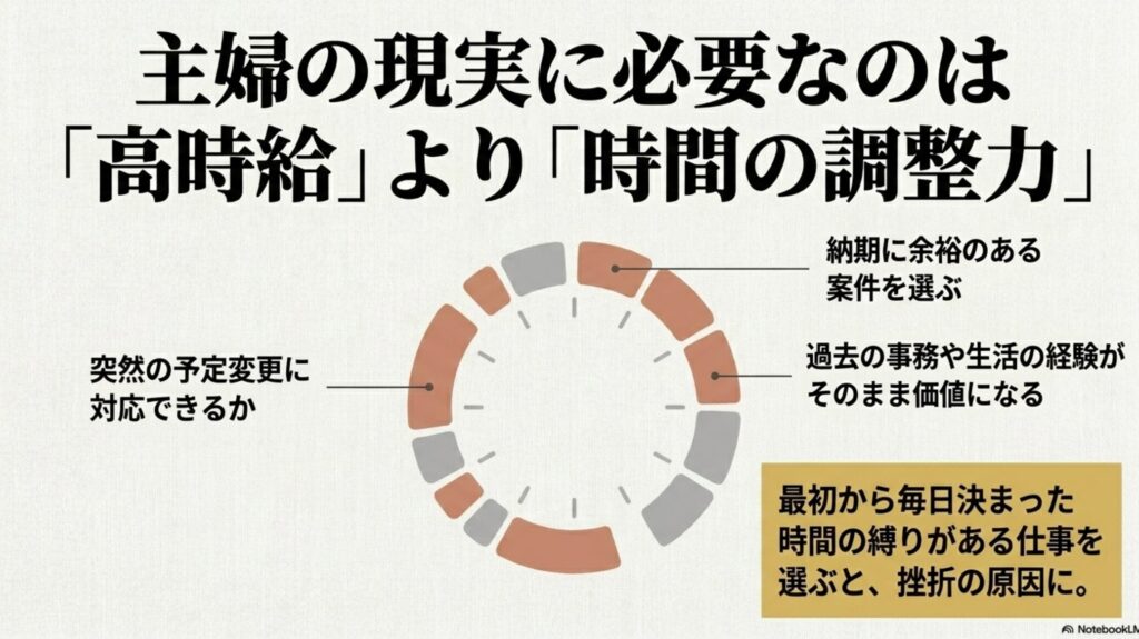 在宅ワークできる仕事は何がある？おすすめ職種と仕事内容 : 主婦の在宅ワークでは高時給よりも時間の調整力が重要であり、突然の予定変更に対応できるかどうかが鍵になることを示すスライド 。