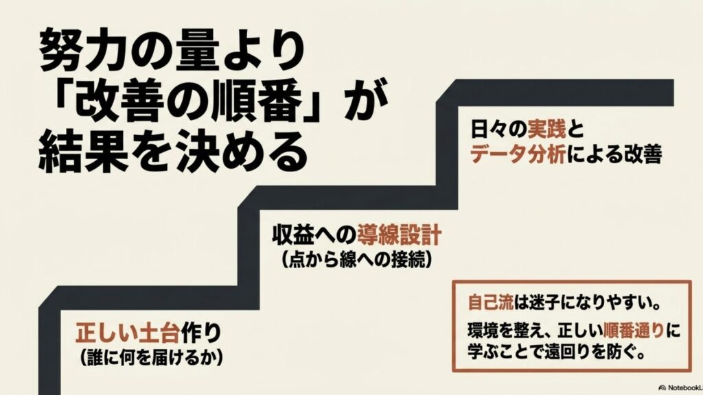 インスタのフォロワーが1000人から増えない壁：努力の量よりも改善の順番が結果を決める。正しい土台作りから収益への導線設計、日々の実践とデータ分析による改善が重要であると解説するスライド