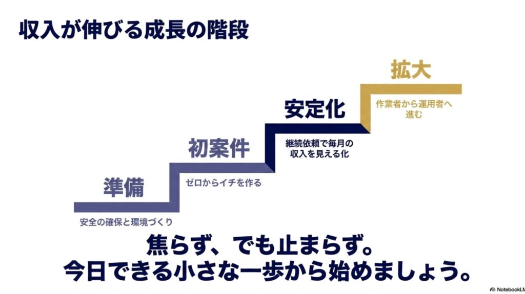 在宅ワークの始め方と初心者向けの探し方を実体験で解説 : 準備、初案件、安定化、拡大という4つのステップで収入が伸びる成長の階段を示す図。焦らず今日できる小さな一歩から始めることを推奨。