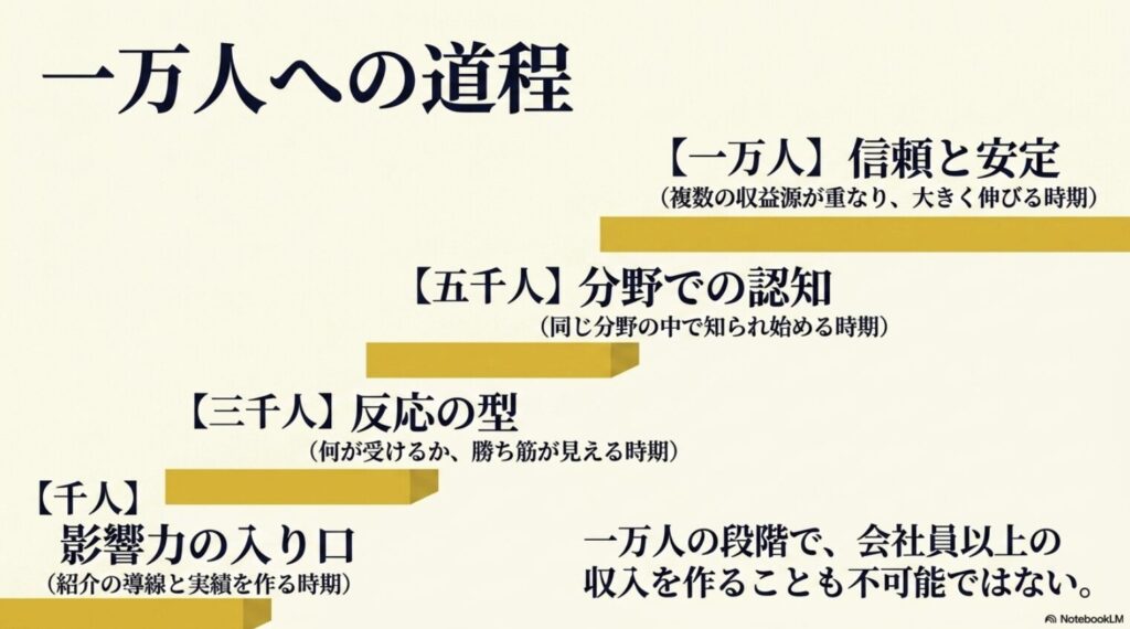 インスタのフォロワー1000人の収入と案件は?影響力とできること:1000人で影響力の入り口、3000人で反応の型、5000人で分野での認知、1万人で信頼と安定というフォロワー1万人への道程