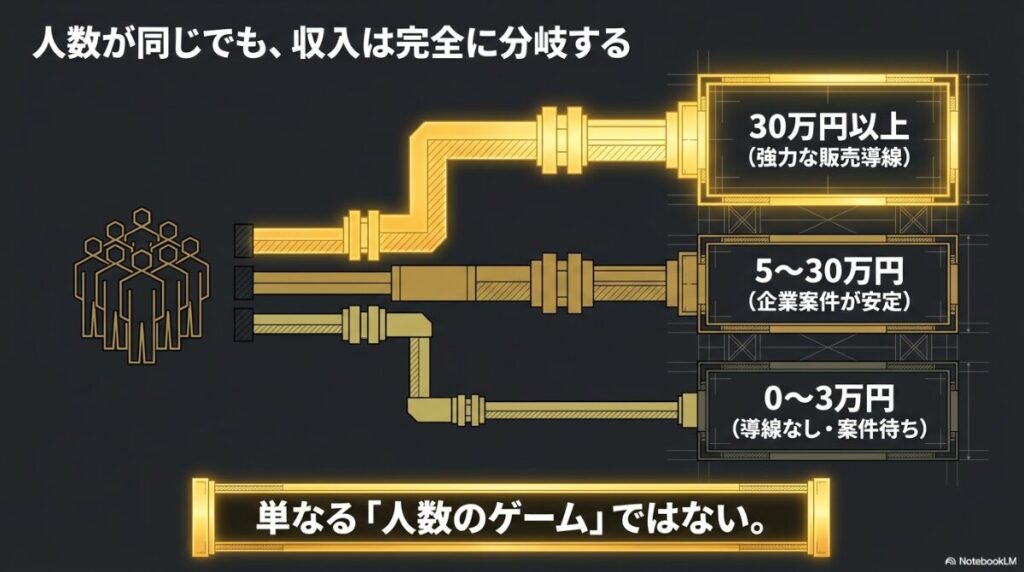 導線や案件の有無によって、フォロワー1万人の収入が0〜3万円、5〜30万円、30万円以上と完全に分岐することを示す図解