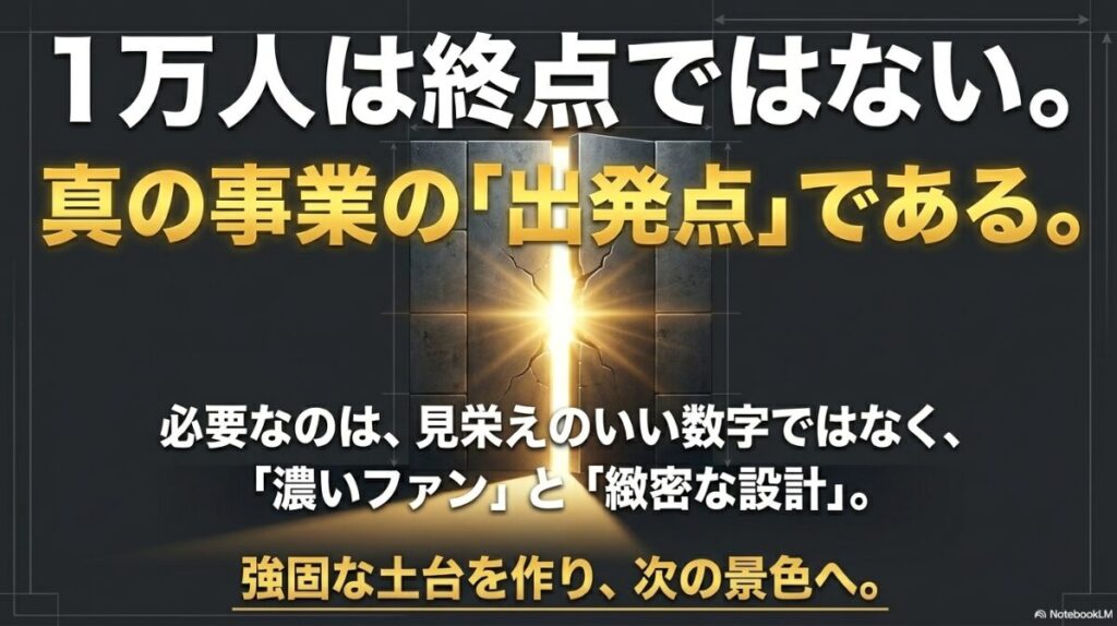 フォロワー1万人は終点ではなく真の事業の出発点であり、濃いファンと緻密な設計が必要であることを伝えるスライド