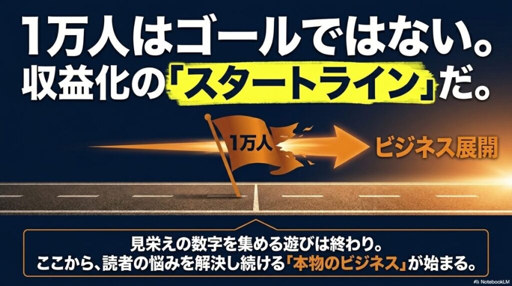 インスタでフォロワー1万人はすごい？割合：1万人はゴールではなく、見栄えの数字を集める遊びから本物のビジネスが始まるスタートラインであることを示す図解