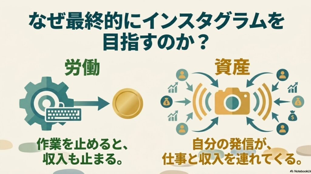 フリーランスになるには何から始める？未経験から在宅で稼ぐ方法 : なぜ最終的にインスタグラムを目指すのか？ 作業を止めると収入も止まる「労働」 から、自分の発信が仕事と収入を連れてくる「資産」  へと移行する仕組みの解説図。