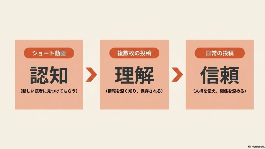 インスタのフォロワー5000人の収入は？一般人の実例で詳しく解説：ショート動画で認知を獲得し、複数枚の投稿で理解を深められ、日常の投稿で信頼を構築するという役割分担の図解