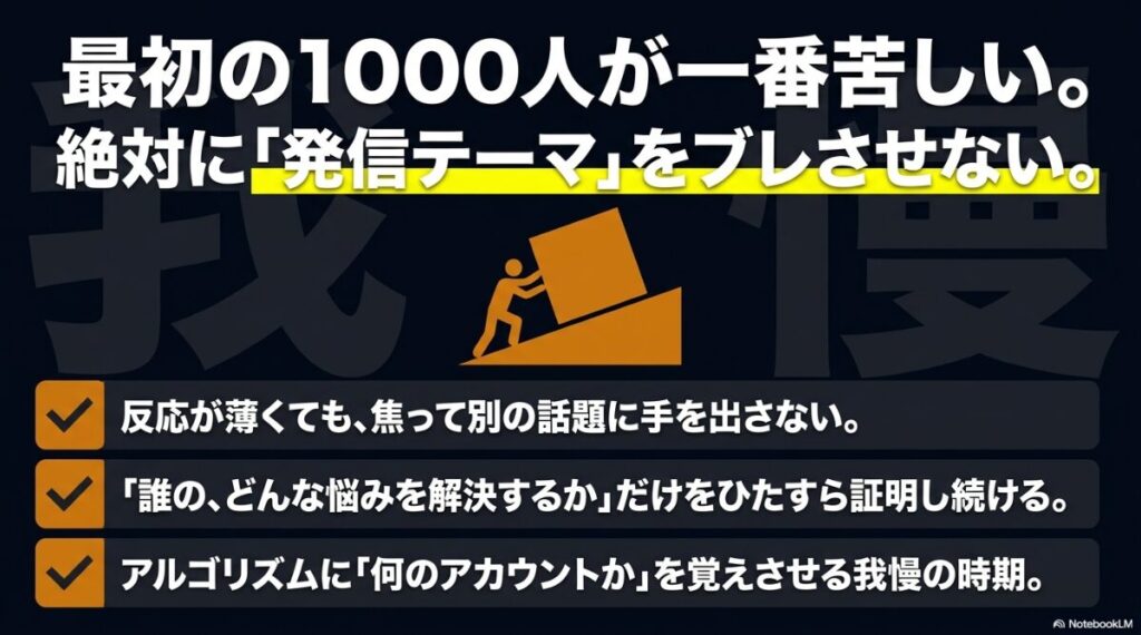 インスタでフォロワー1万人はすごい？割合：最初の1000人が一番苦しい我慢の時期であり、発信テーマを絶対にブレさせないことが重要であることを示す図解