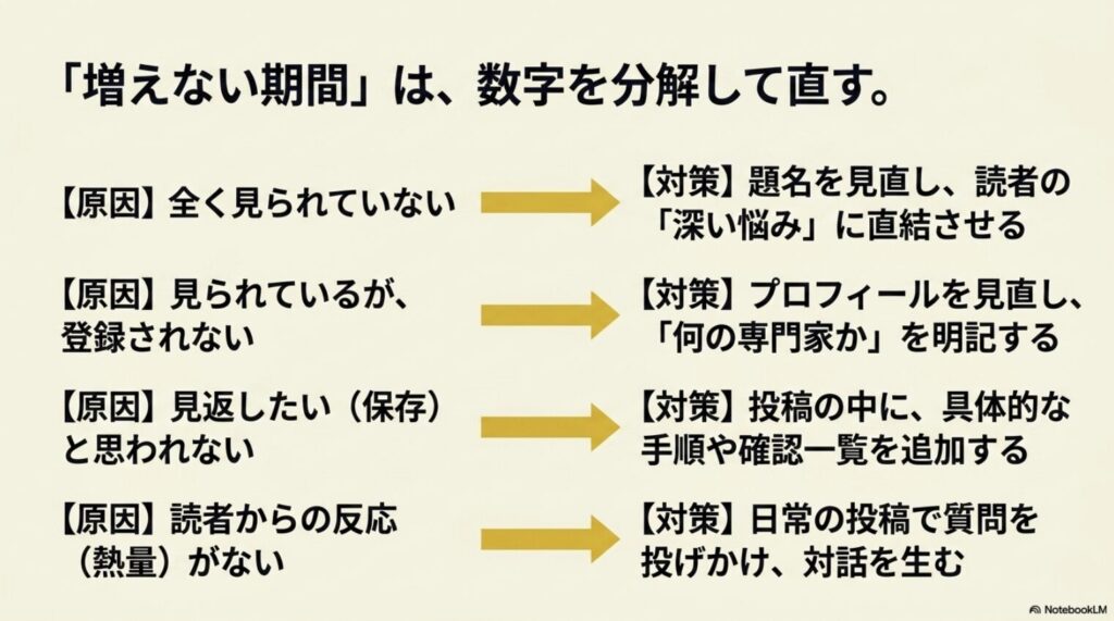 フォロワーが増えない期間は数字を分解して直す。見られない、登録されない、保存されない、反応がないという原因に対する具体的な対策